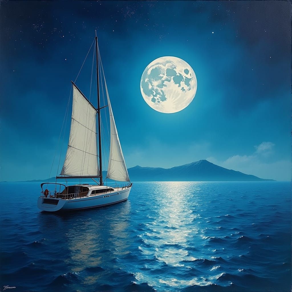 Aegean Moonrise: Hyperrealistic Oil Painting with Sailboat