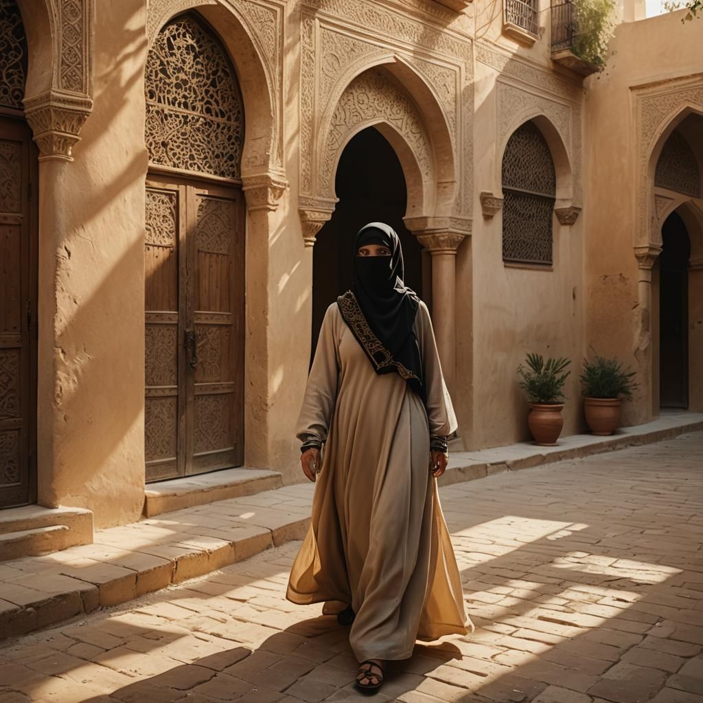 Muslim Woman in Sun-Drenched Andalusian Courtyard