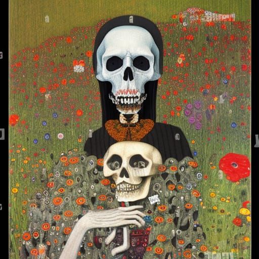 Grim Reaper's Blooming Skull: A Baroque Art Collage