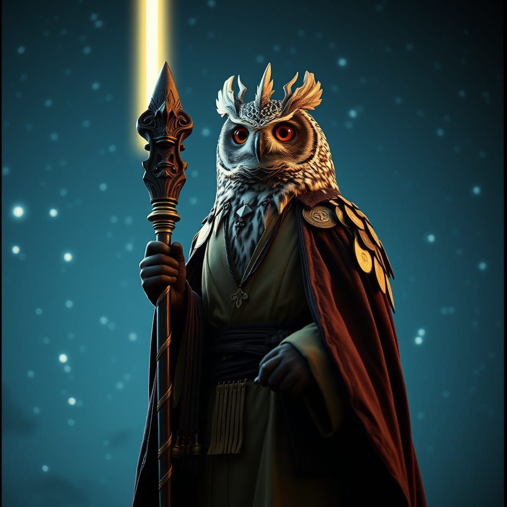 Epic Owl Jedi Master in Cinematic Film Still