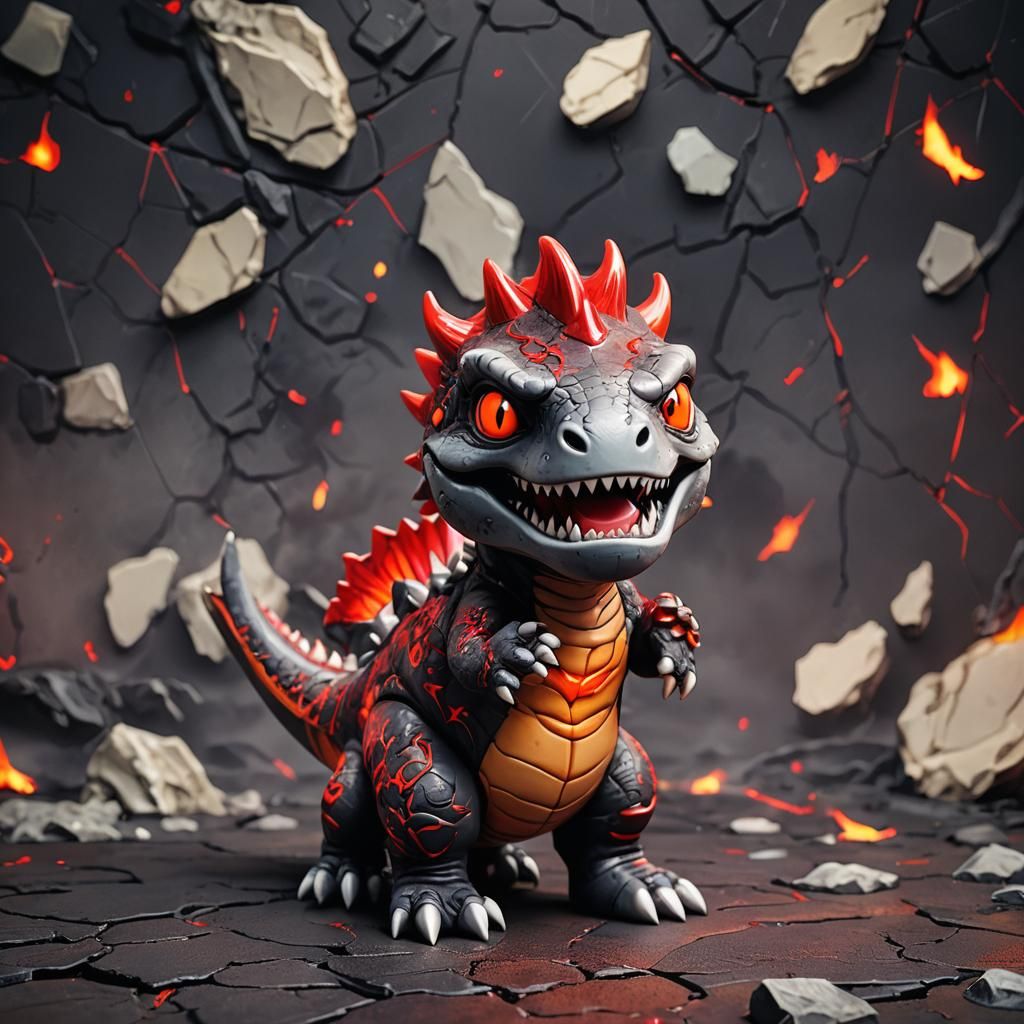 Chibi Devil Rides Porcelain T-Rex in Anime Style