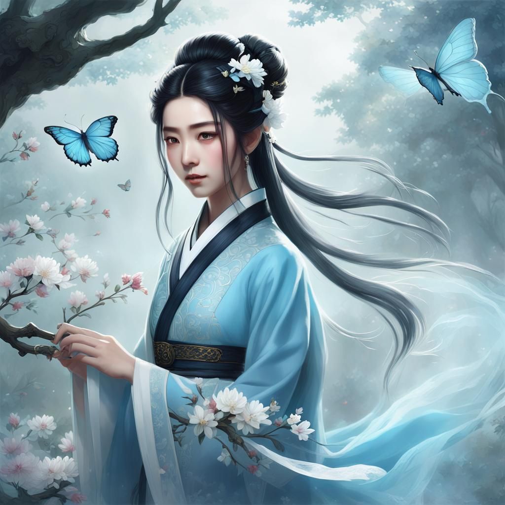 Chinese Style Woman in Light Blue Hanfu