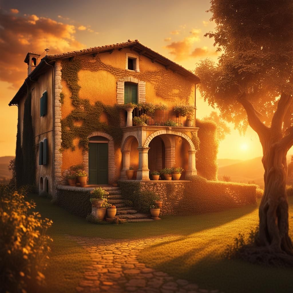 Italian Country House in Golden Sunset Light
