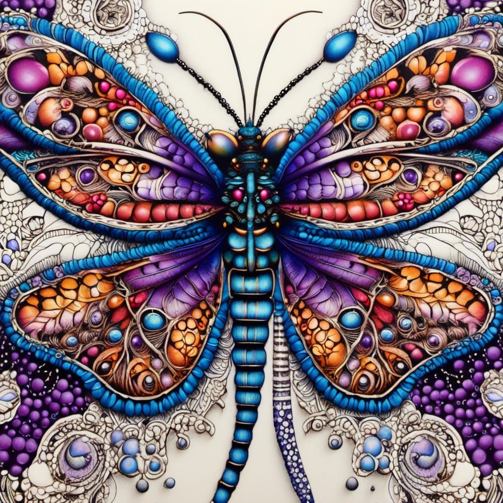 Intricate Zentangle Dragonfly Drawing in Florabunda Style