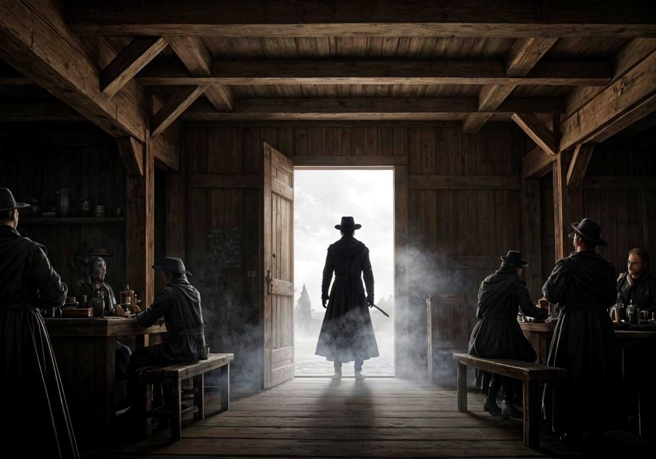 Mysterious Stranger in Rustic Inn Silhouette