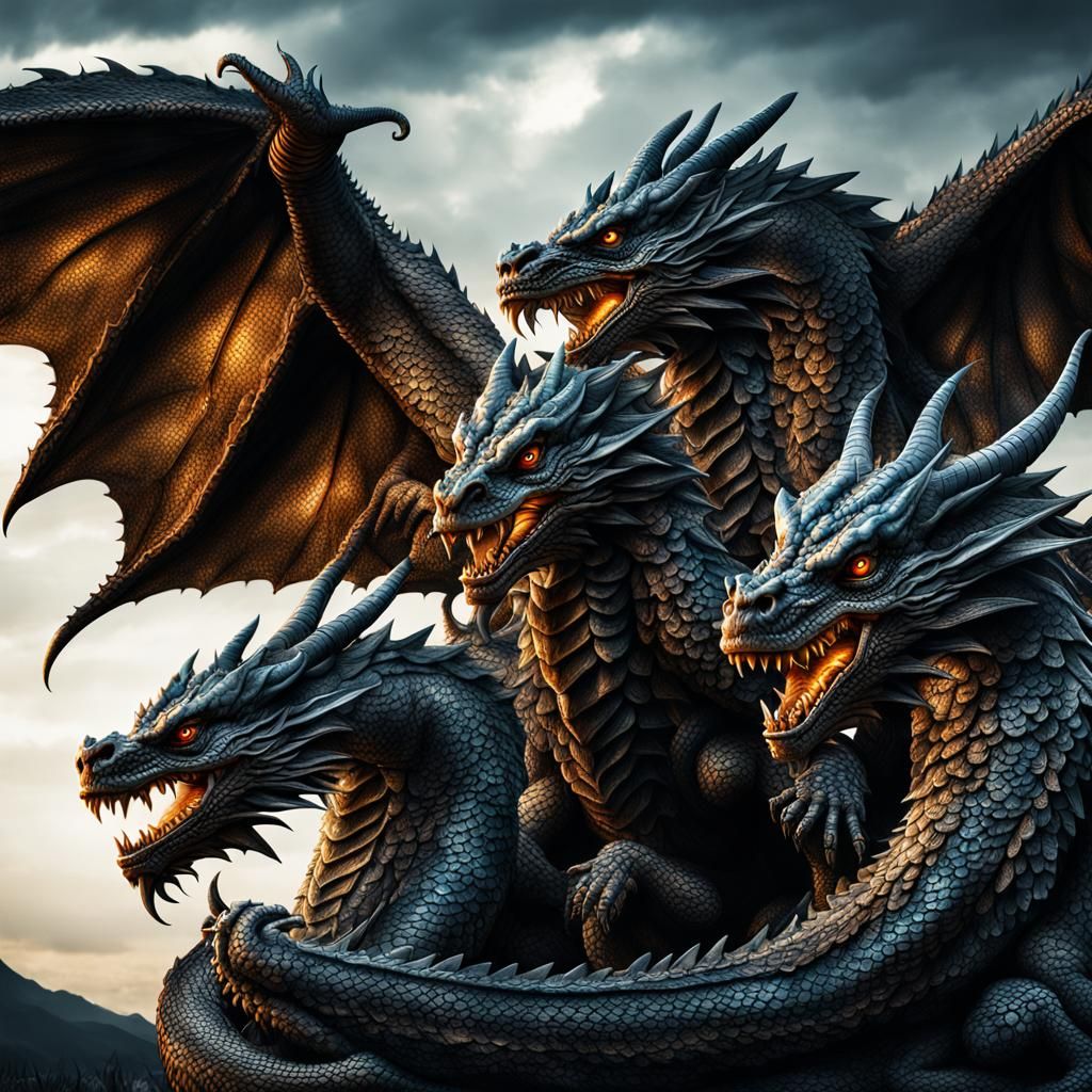 Hyperrealistic Three-Headed Dragon in Sharp Focus