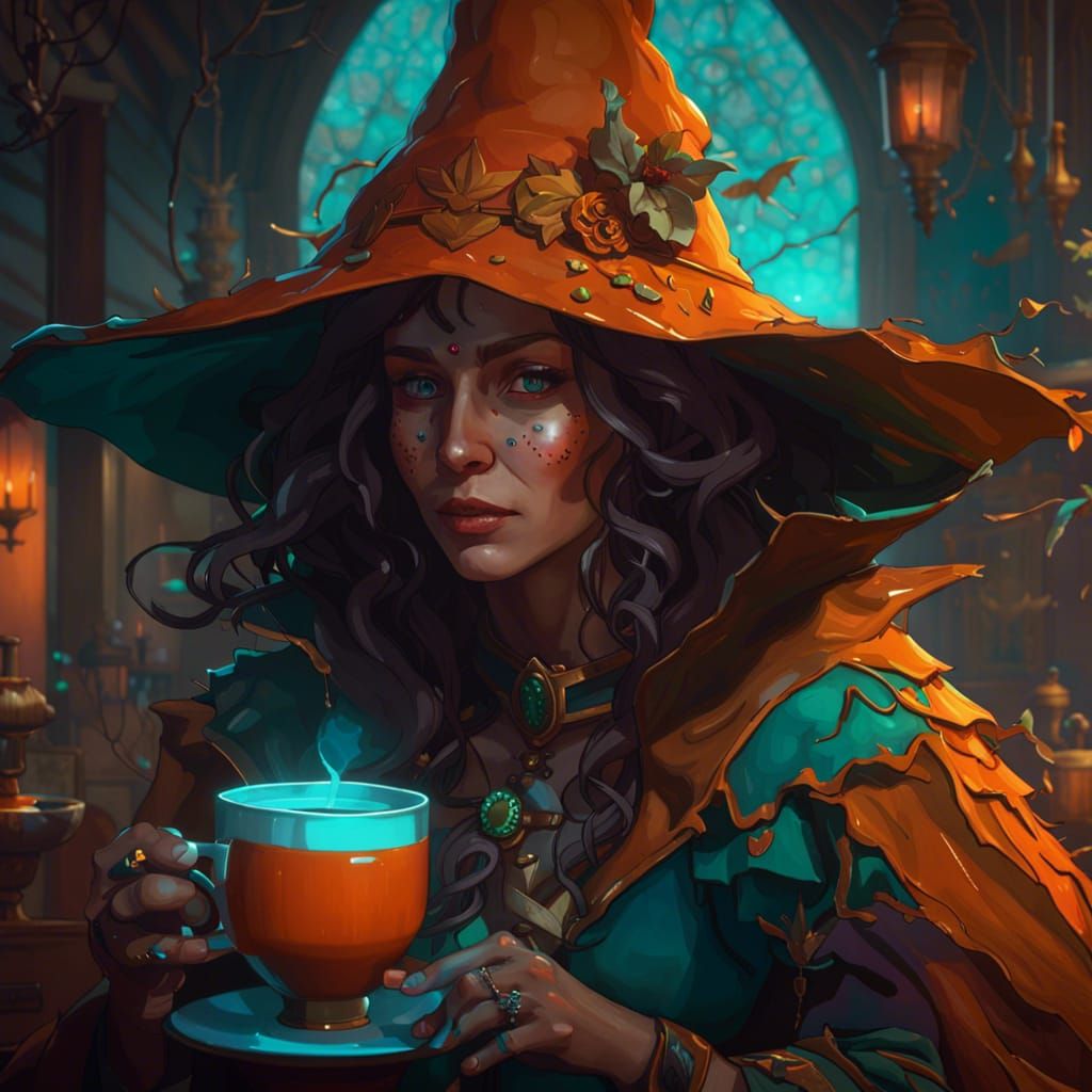 Hyperdetailed Witch Enjoying Coffee, Trending Artstation
