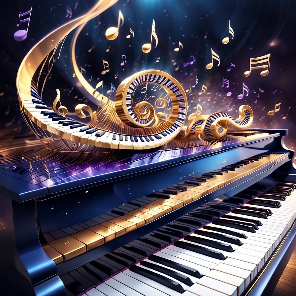 Musical Notes Swirling Around Keyboard in 3D