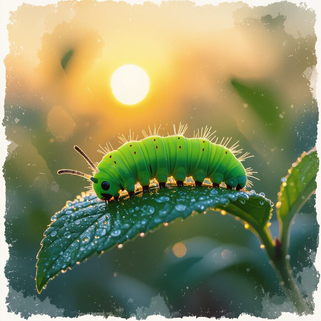 Vivid Green Caterpillar on Dewy Leaf at Sunrise