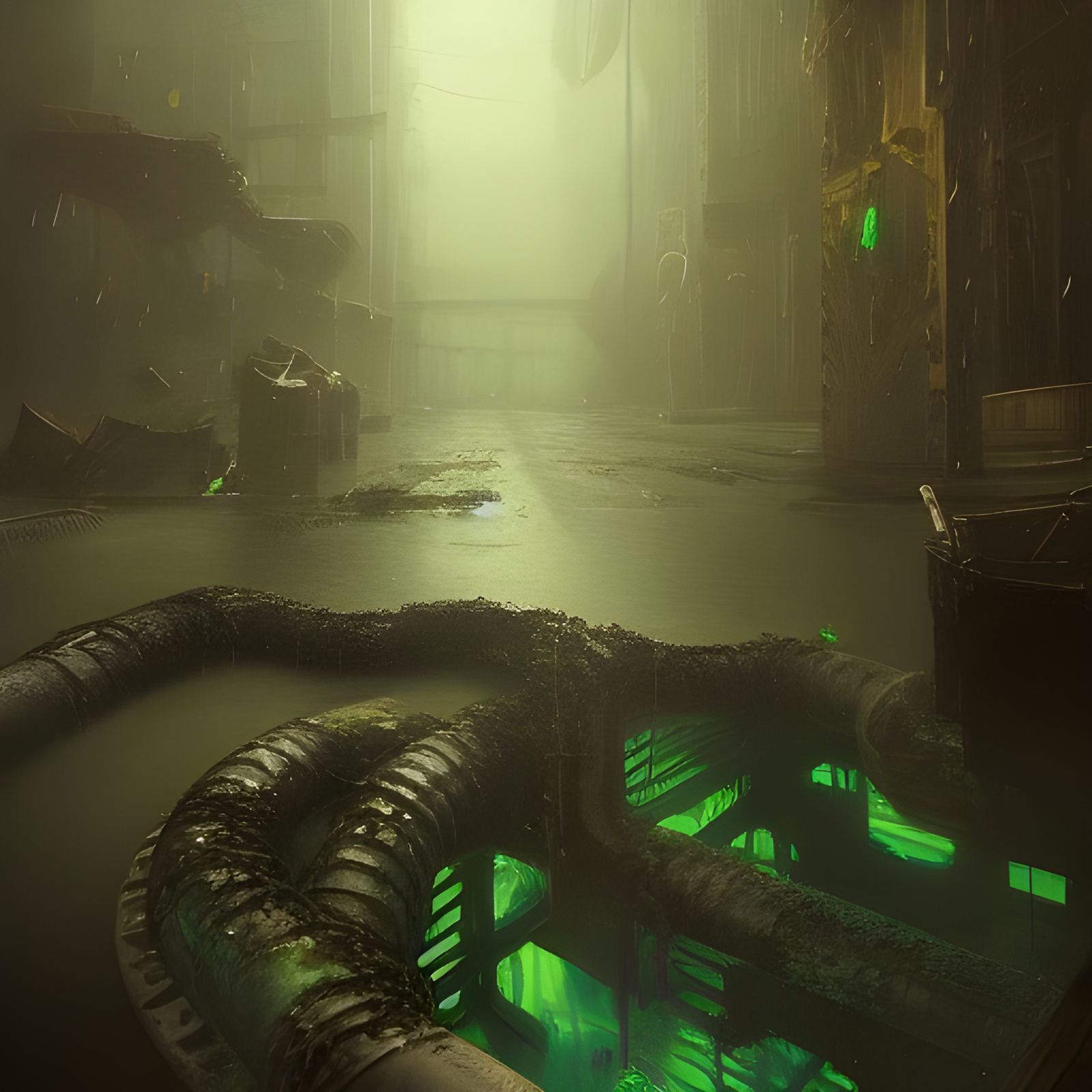 Green Ooze Flows from Pipe: Dark Fantasy Art