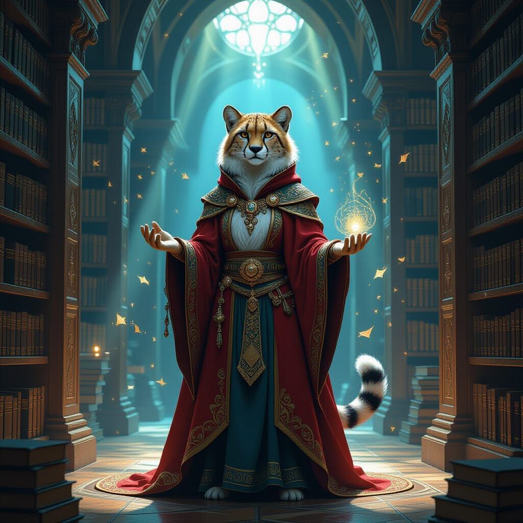 Wise Cheetah Elder in Mystical Library Fantasy Art