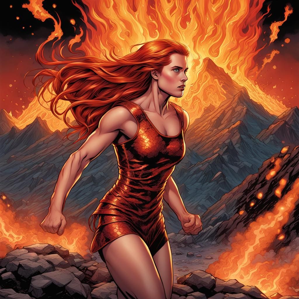 Hyperrealistic Unclad Woman with Red Hair in Volcano