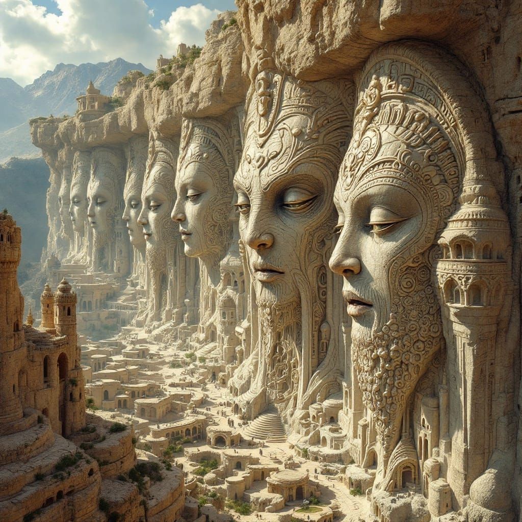 Surreal Gods Reign Over Alien Village in Intricate Bas Relie...
