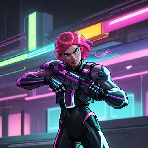 Neon Miami Gun Portrait in 80s Style