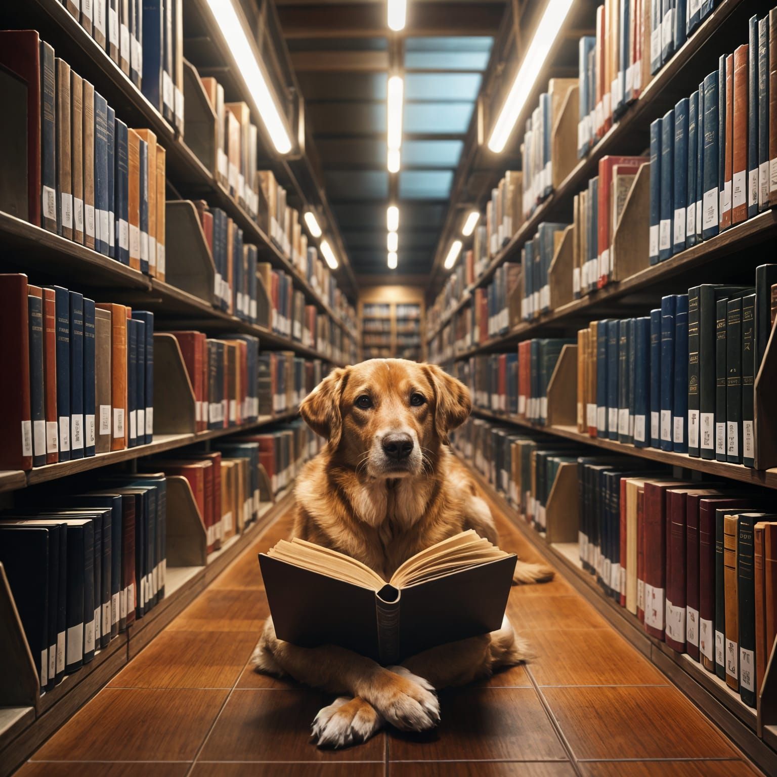 Dog Reads a Book in Library