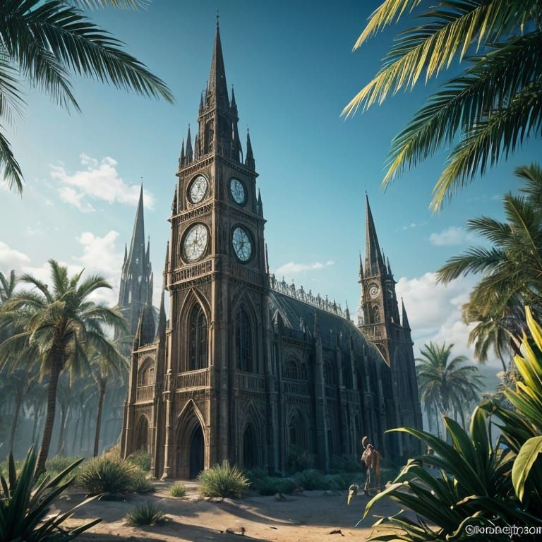 Gothic Clock Tower Oasis in Desert Landscape