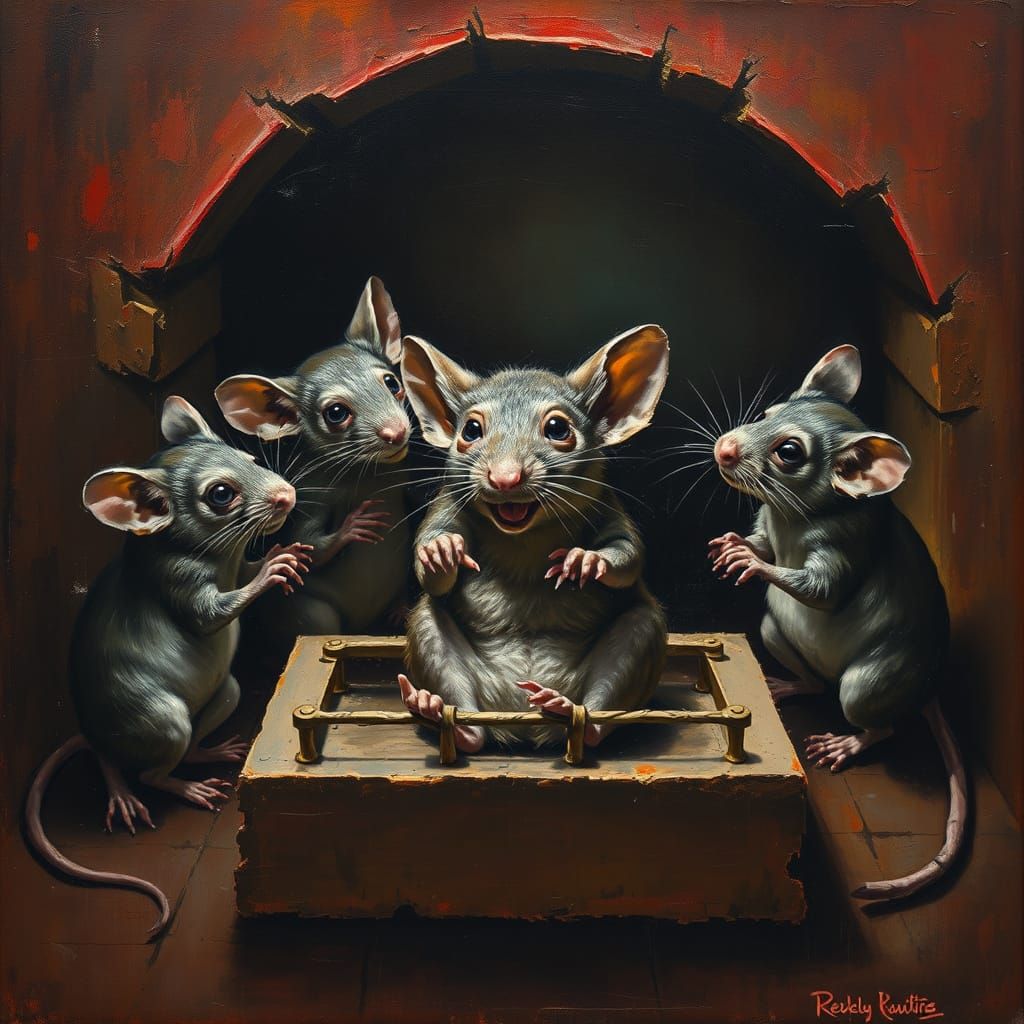 Heroic Mice Rescue Rat from Trap in Expressive Oil Painting