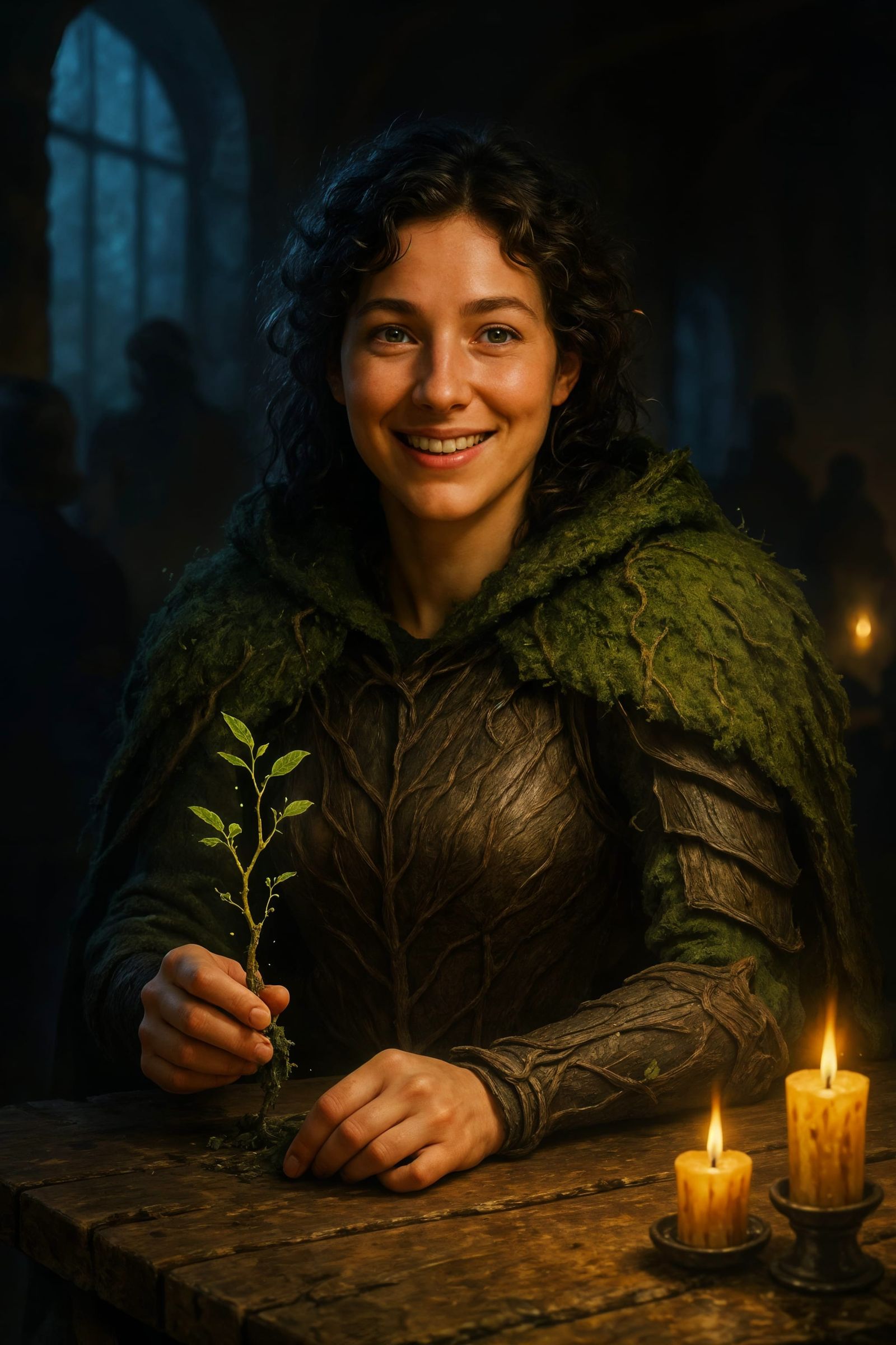 Druid in Candlelit Tavern: Hyperrealistic Fantasy Portrait