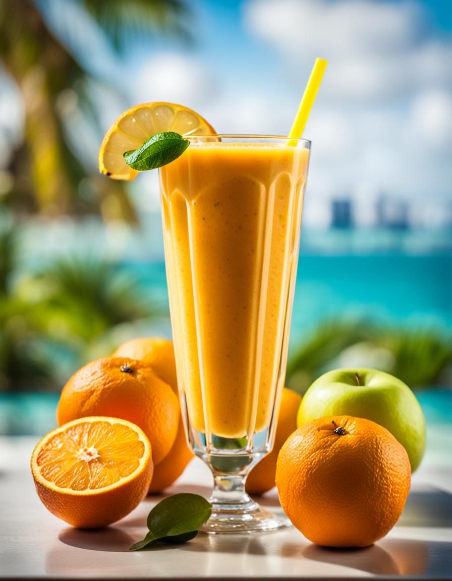 Tropical Smoothie with Caribbean Backdrop, Professional Phot...