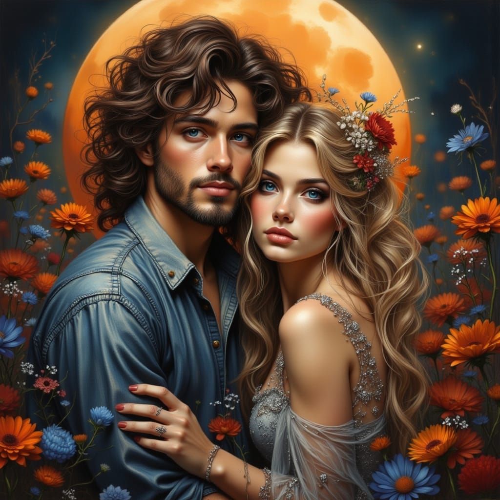 Couple Embraces Under Burnt Sienna Moon