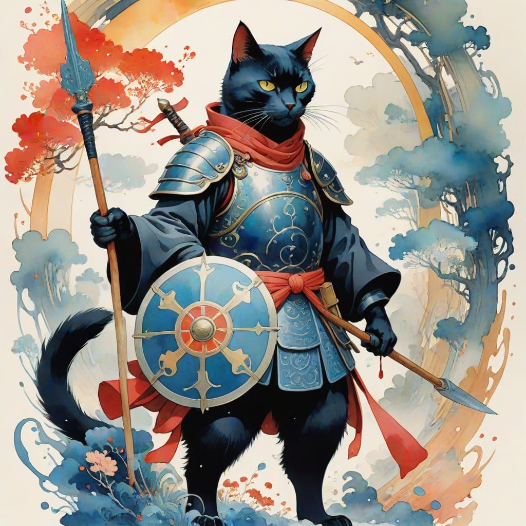 Regal Black Cat Warrior in Ancient Armor