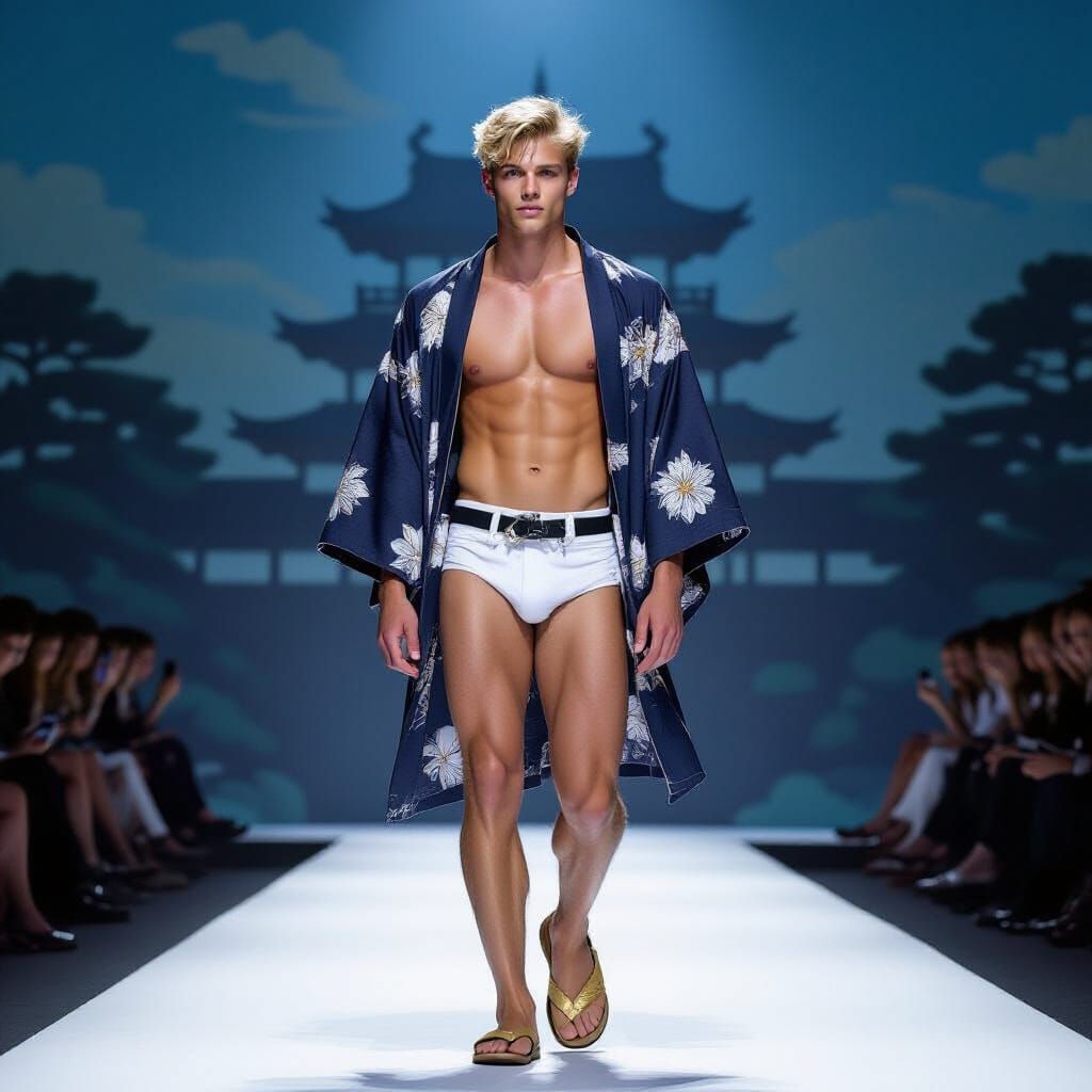 Kimono Fashion Show: Hyperrealistic American Man on Runway