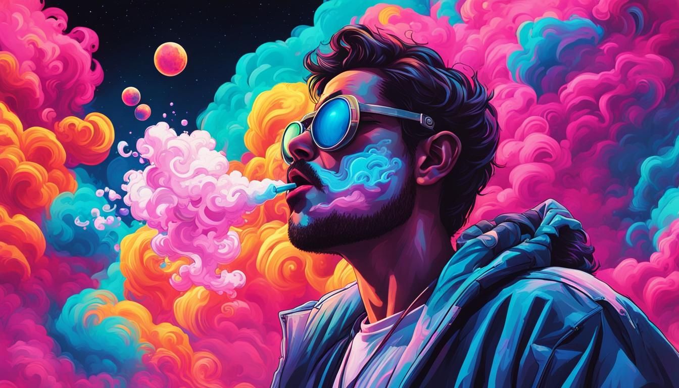 Man Exhaling Vaporwave Solar System in Graffiti Style