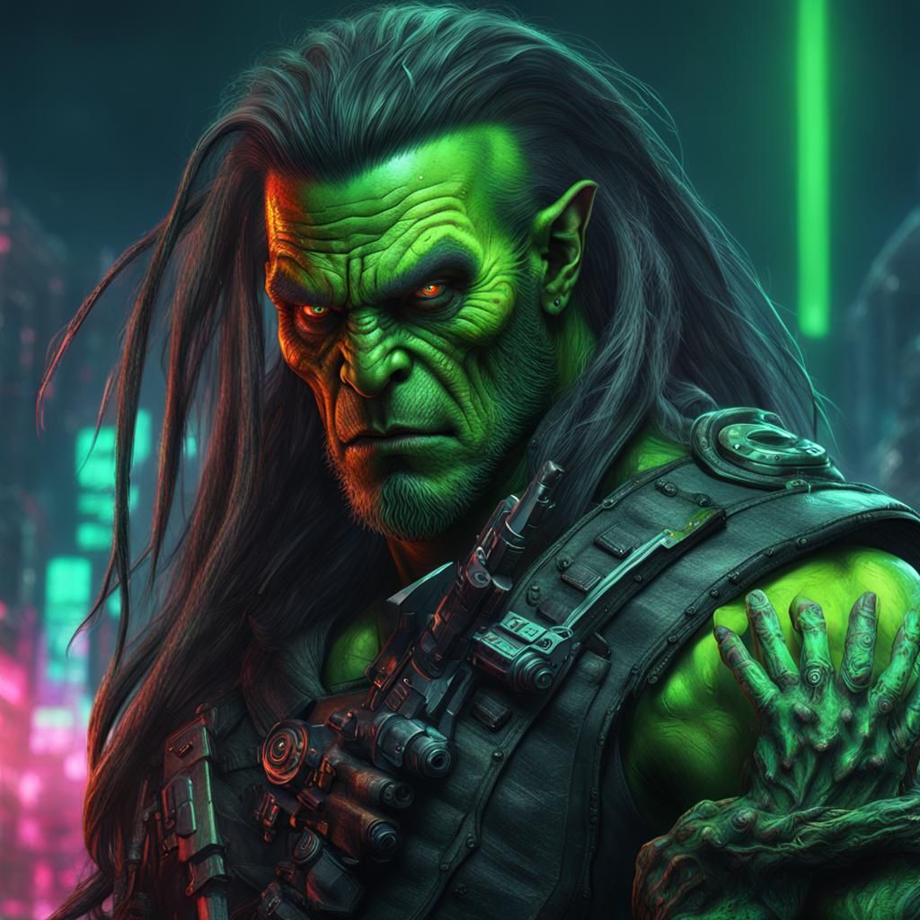 Cyberpunk Orc with Shotgun in Neon Landscape
