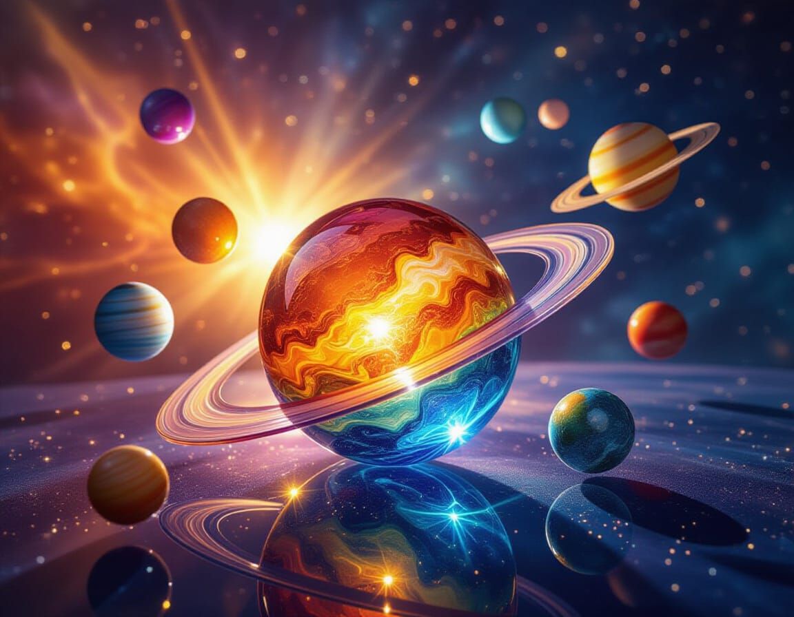 Glass Solar System With Colorful Blown Glass Sun