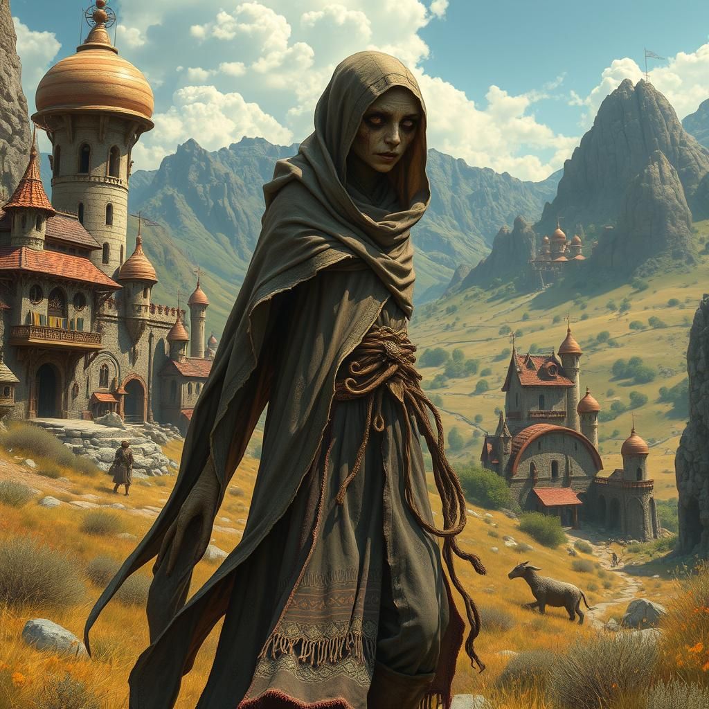 Grotesque Woman Wanders Through Vibrant Valley