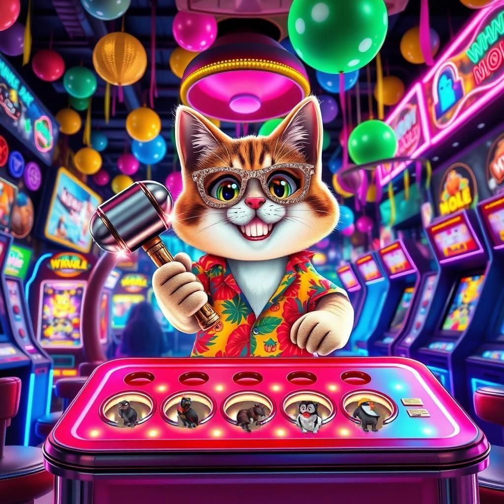 Enthusiastic Kitty at Whac-A-Mole Game: 3D Cartoon