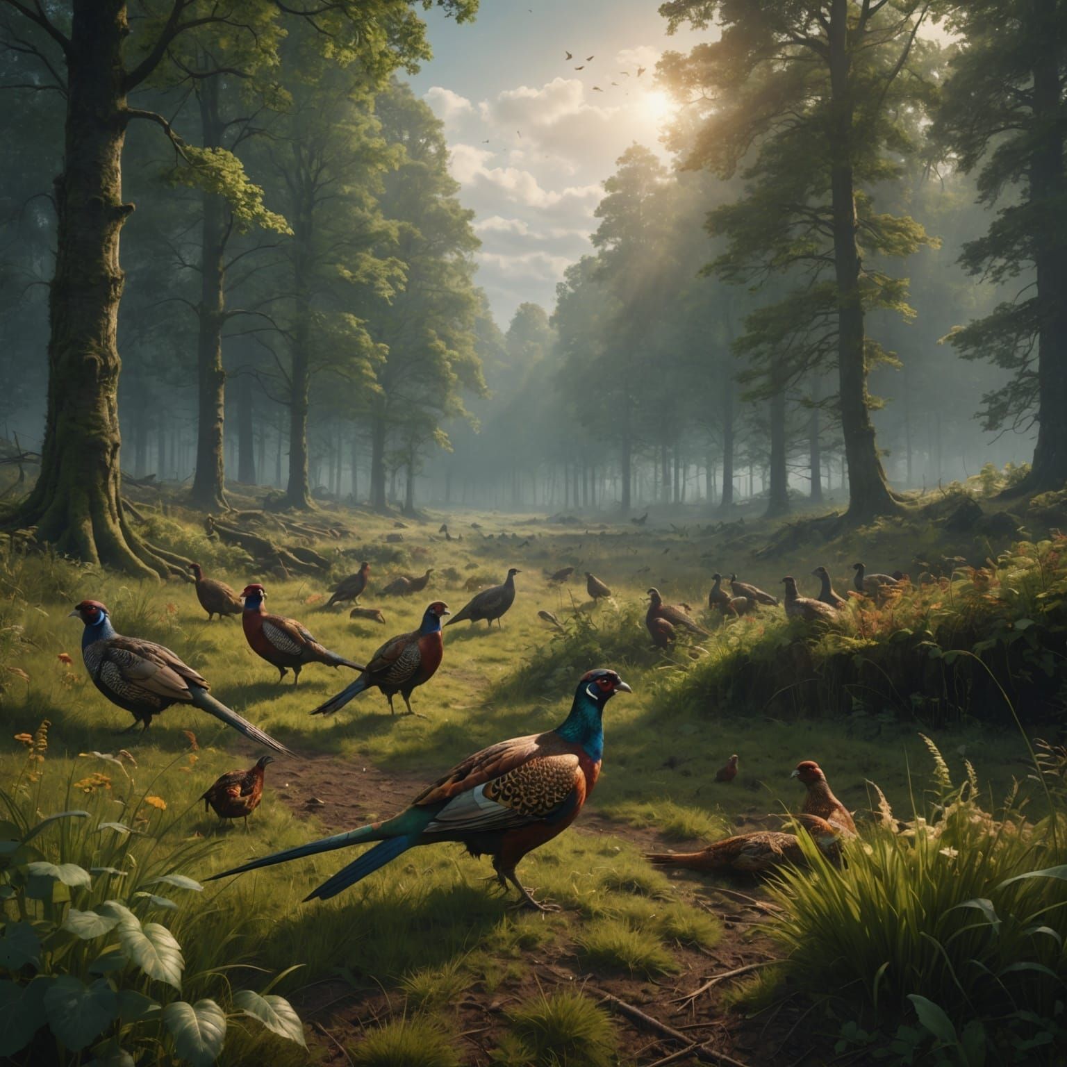 Pheasants Foraging in Forest Meadow: Digital Matte Painting