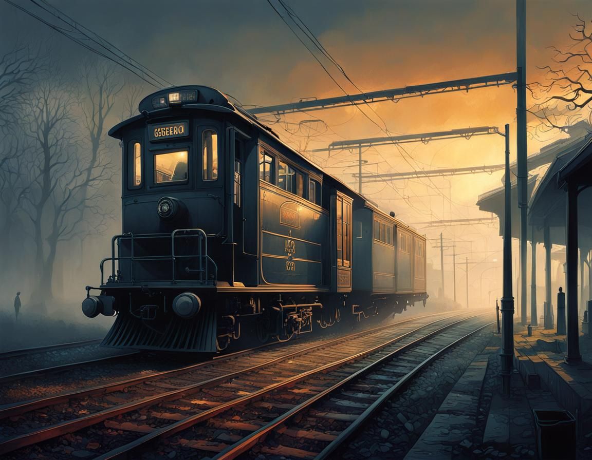 Lonely Train Station in Morning Mist: Expressive Digital Art