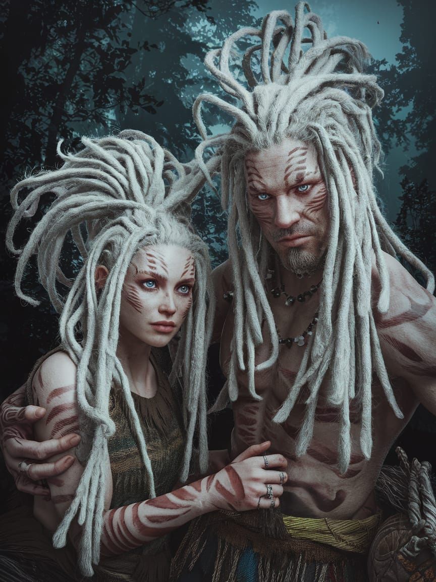 Mystical Protohuman Couple in Dark Forest