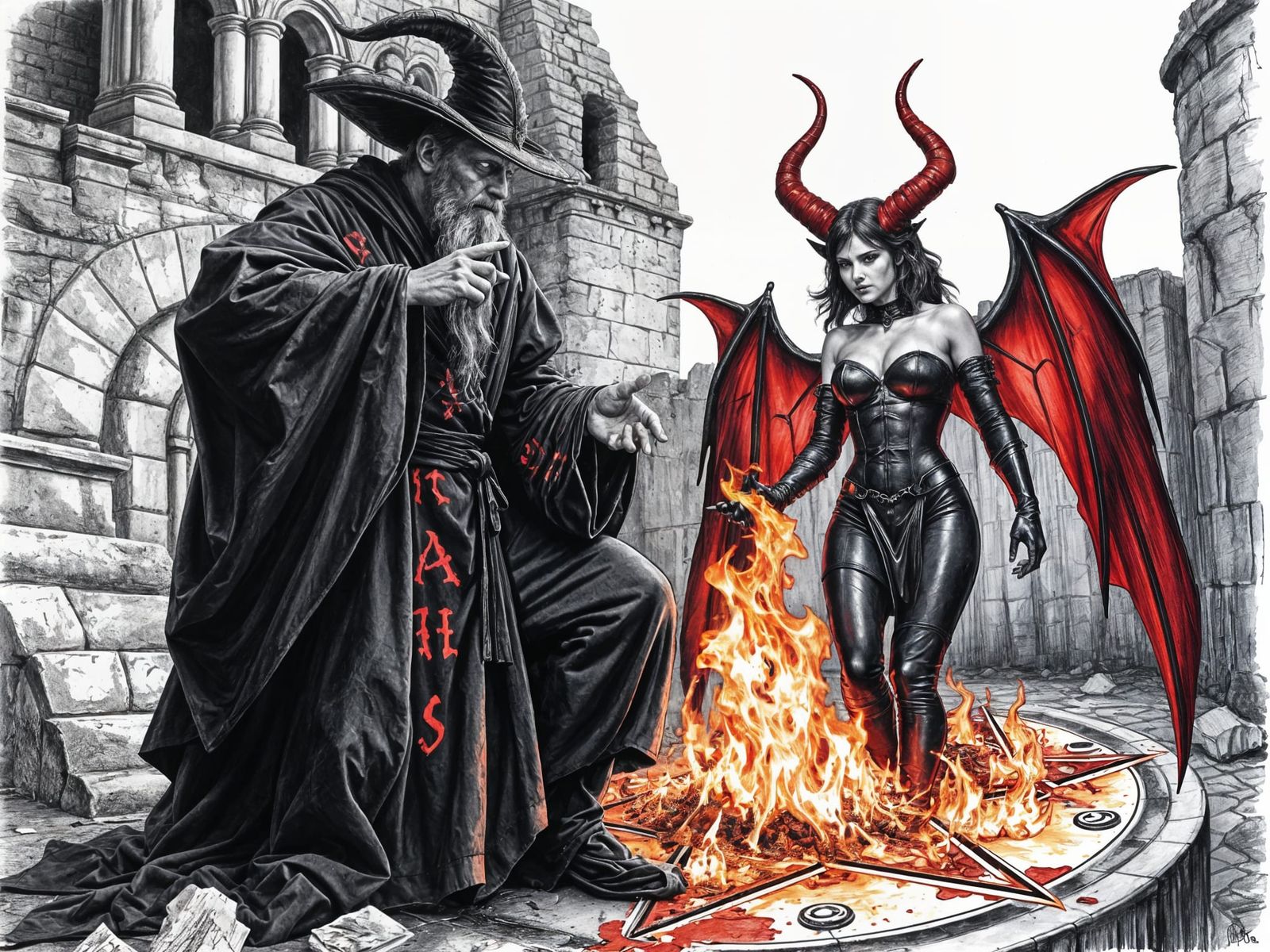 Warlock Summons Demoness in Pen and Ink Style