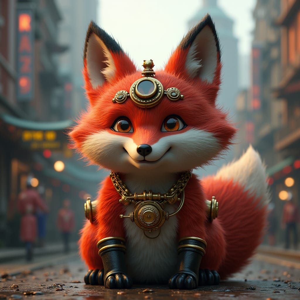 Steampunk Fox in Futuristic Cityscape