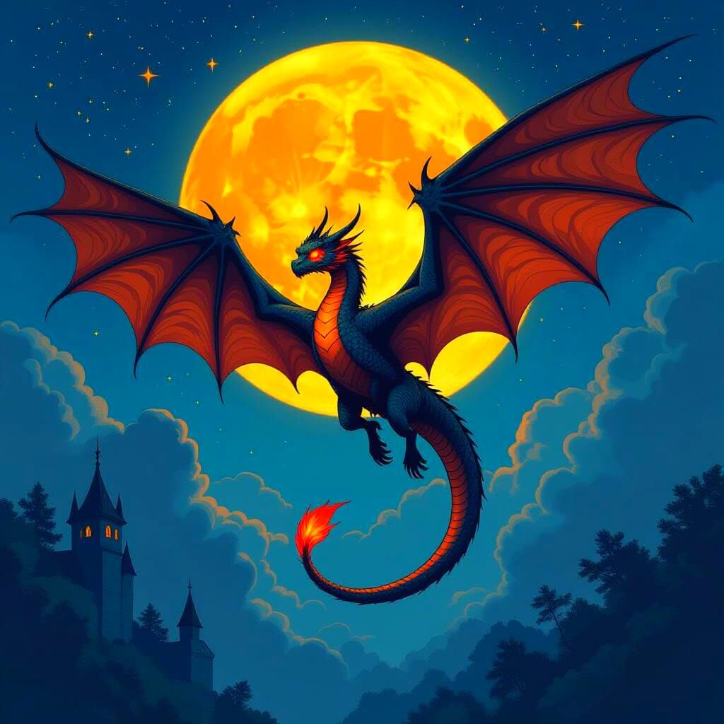 Dragon Soaring Through Starry Sky, Gothic Illustration