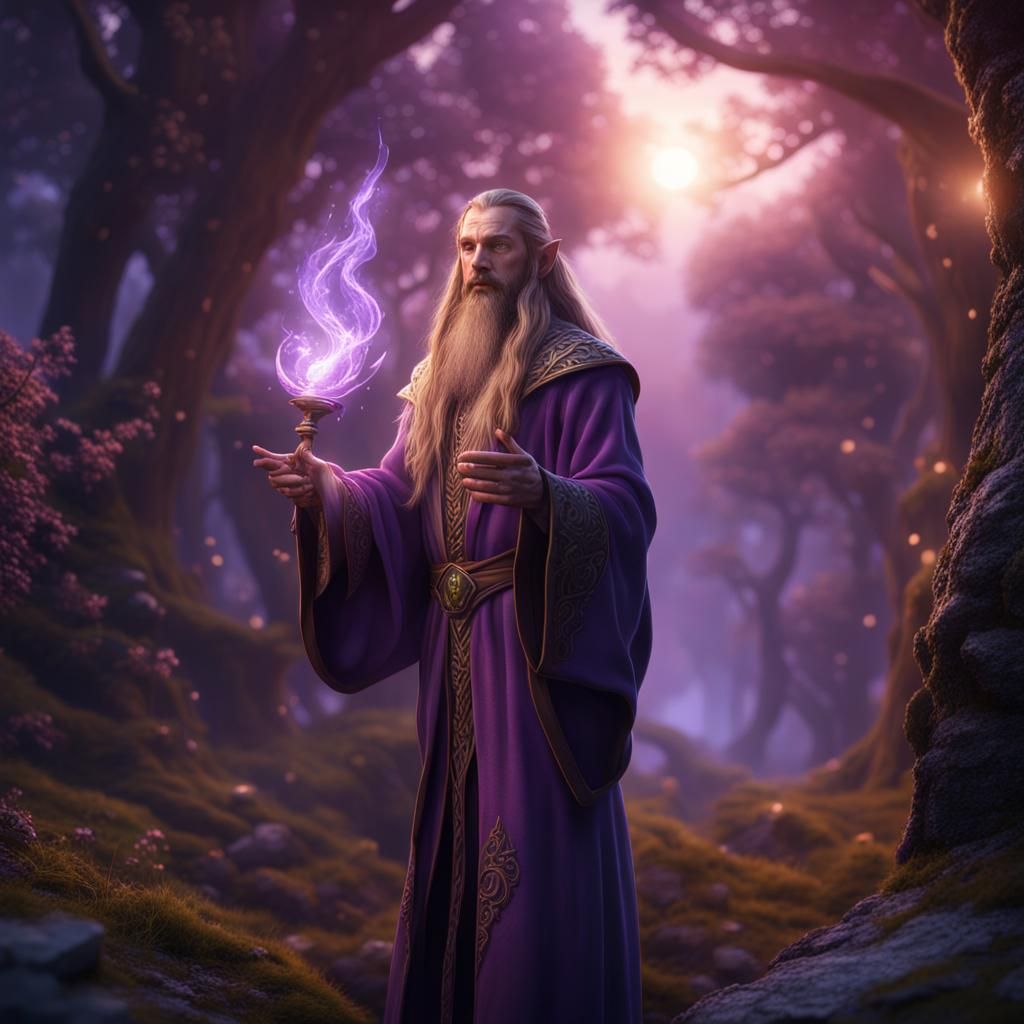 Elf Wizard Casting Purple Magic in Detailed Painting
