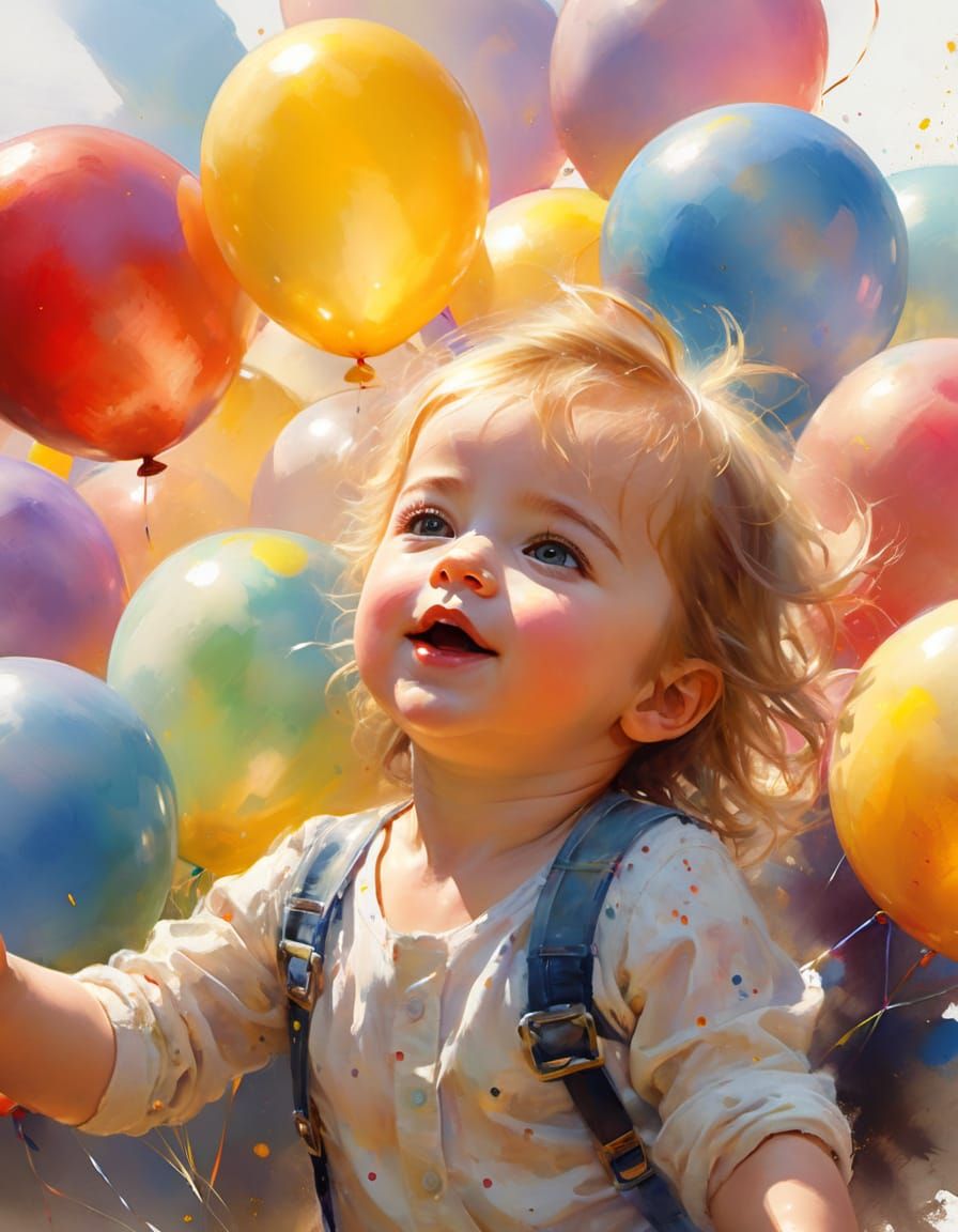 Toddler Ascends with Balloons: Watercolor Digital Art