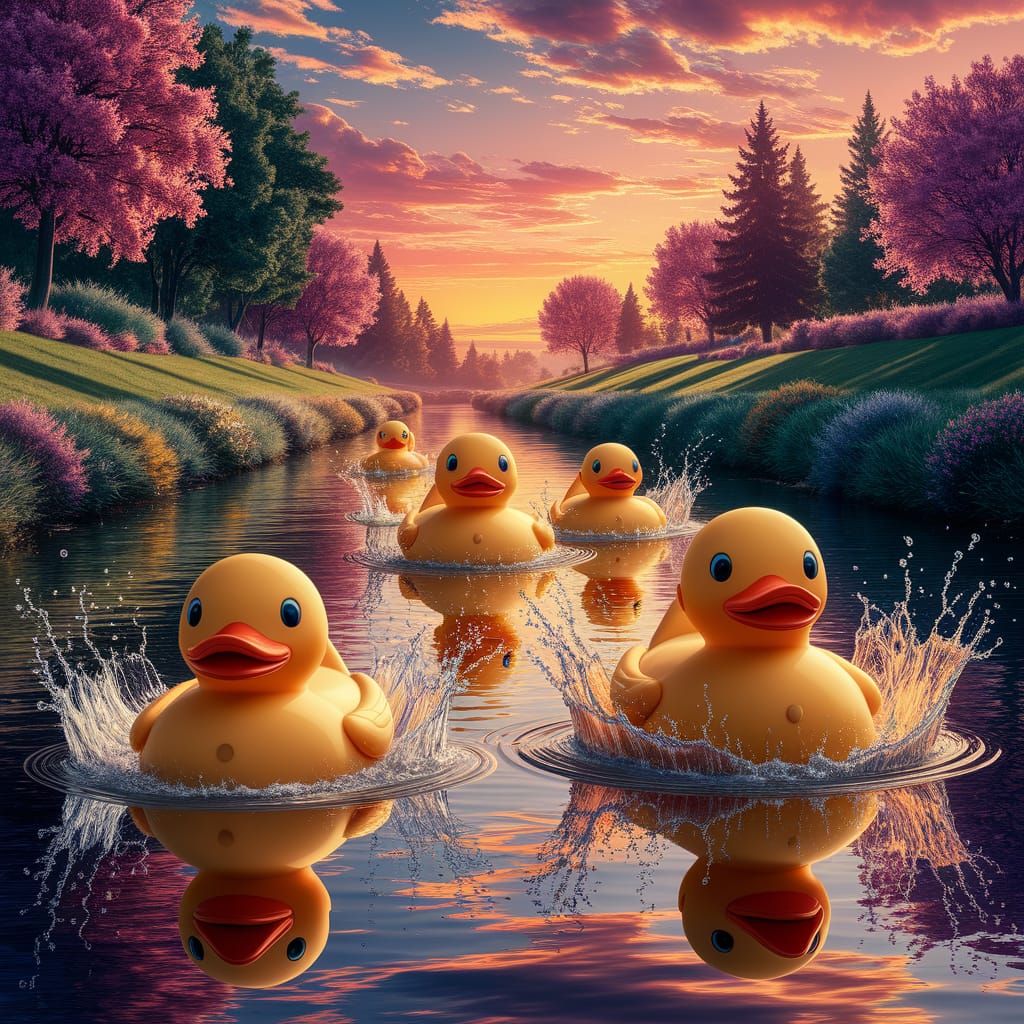 Giant Rubber Ducks Glide Down a Serene River in a Vibrant Su...