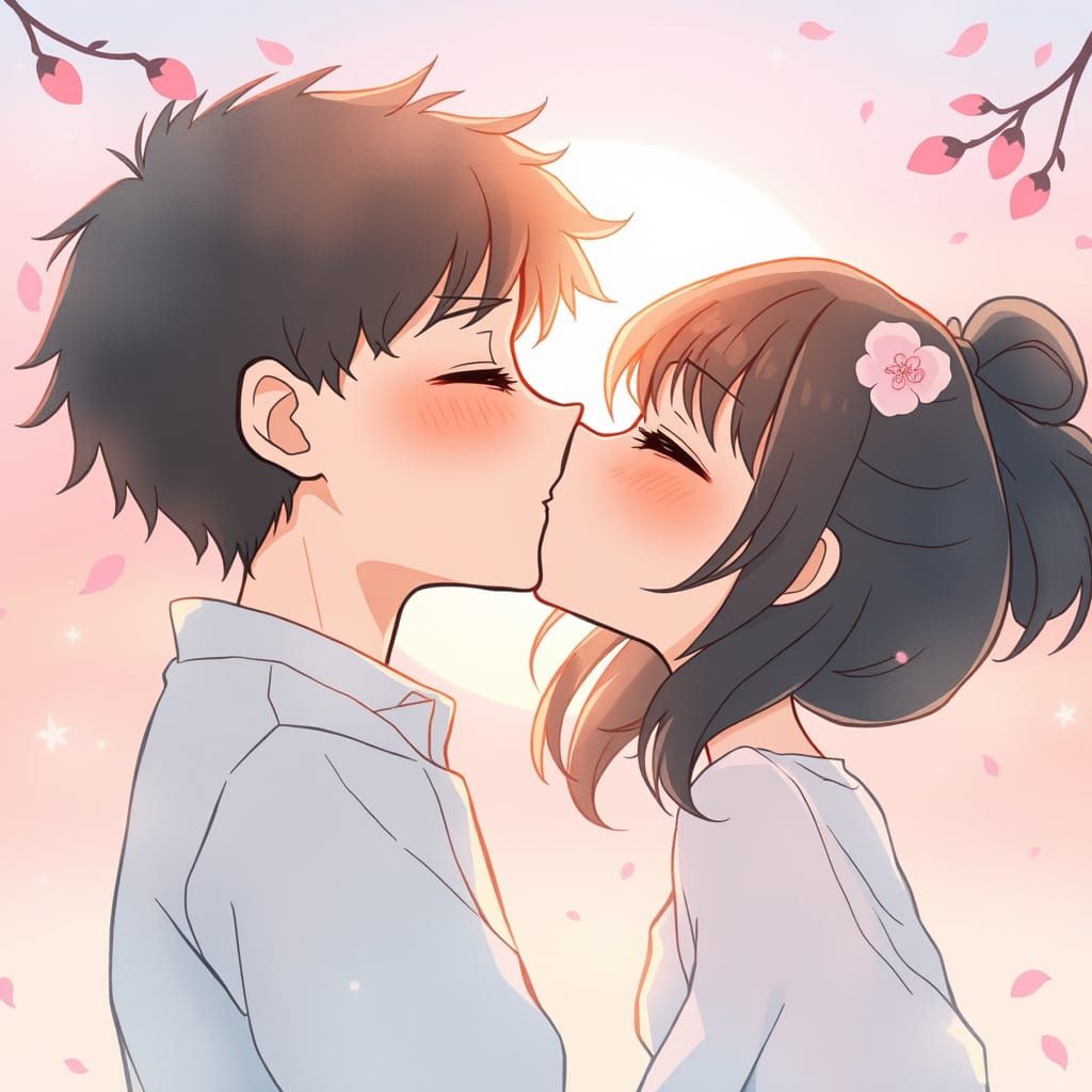 Romantic Anime Couple in Whimsical Sunset
