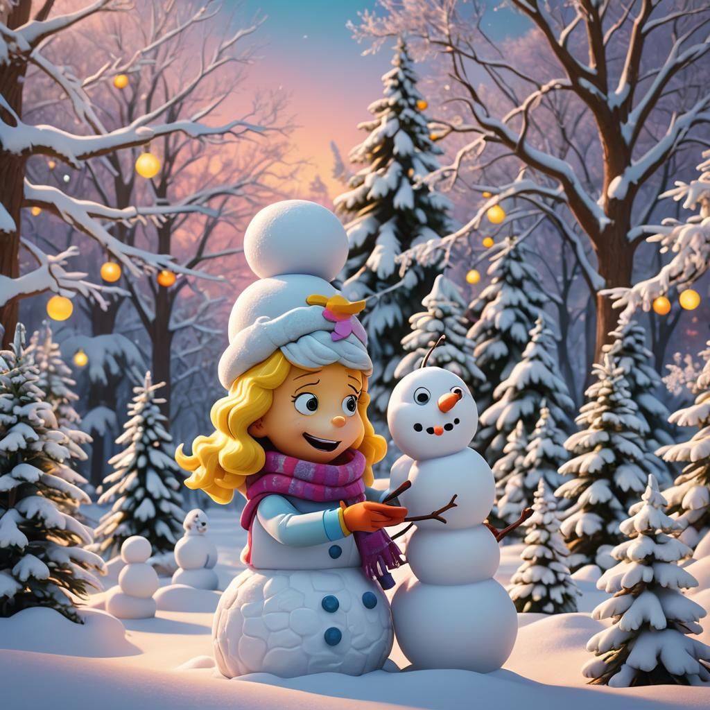 Lisa Simpson Builds Snowman in Winter Wonderland