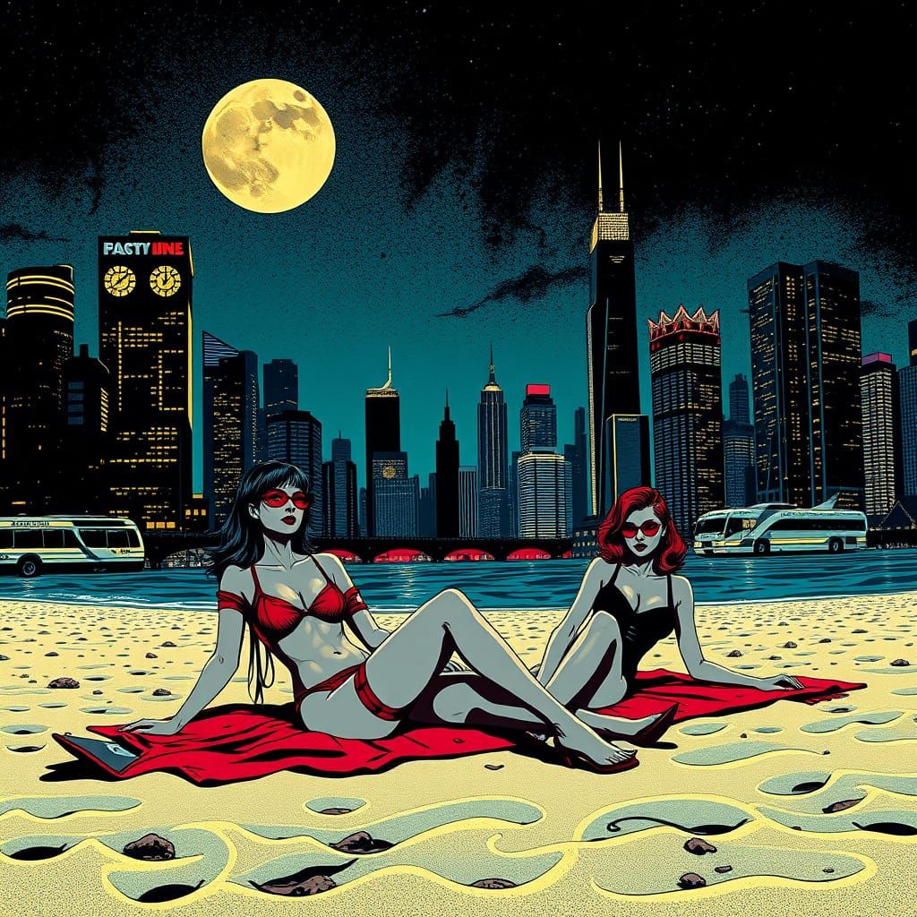 Cyberpunk Women Bask in Gotham City's Gritty Beach