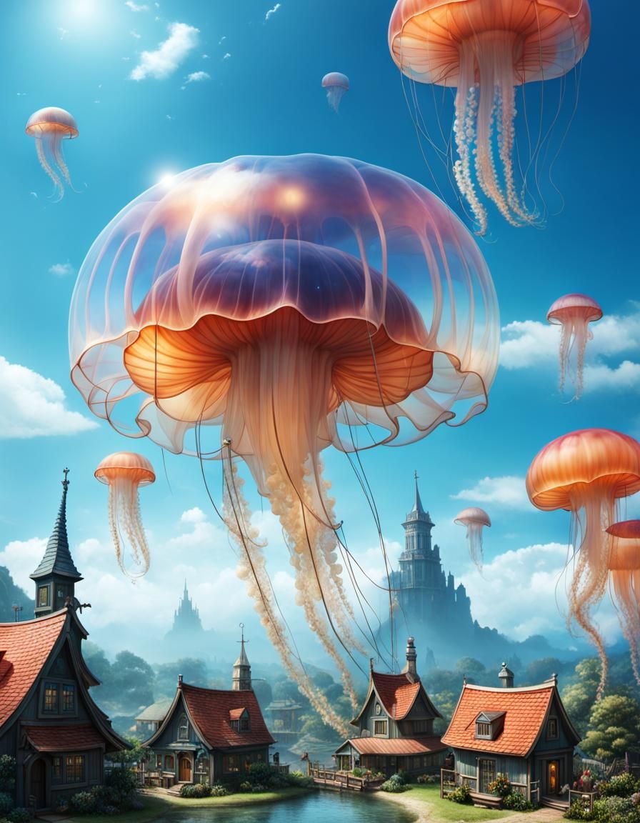 Giant Jellyfish Airship with Fantasy Village