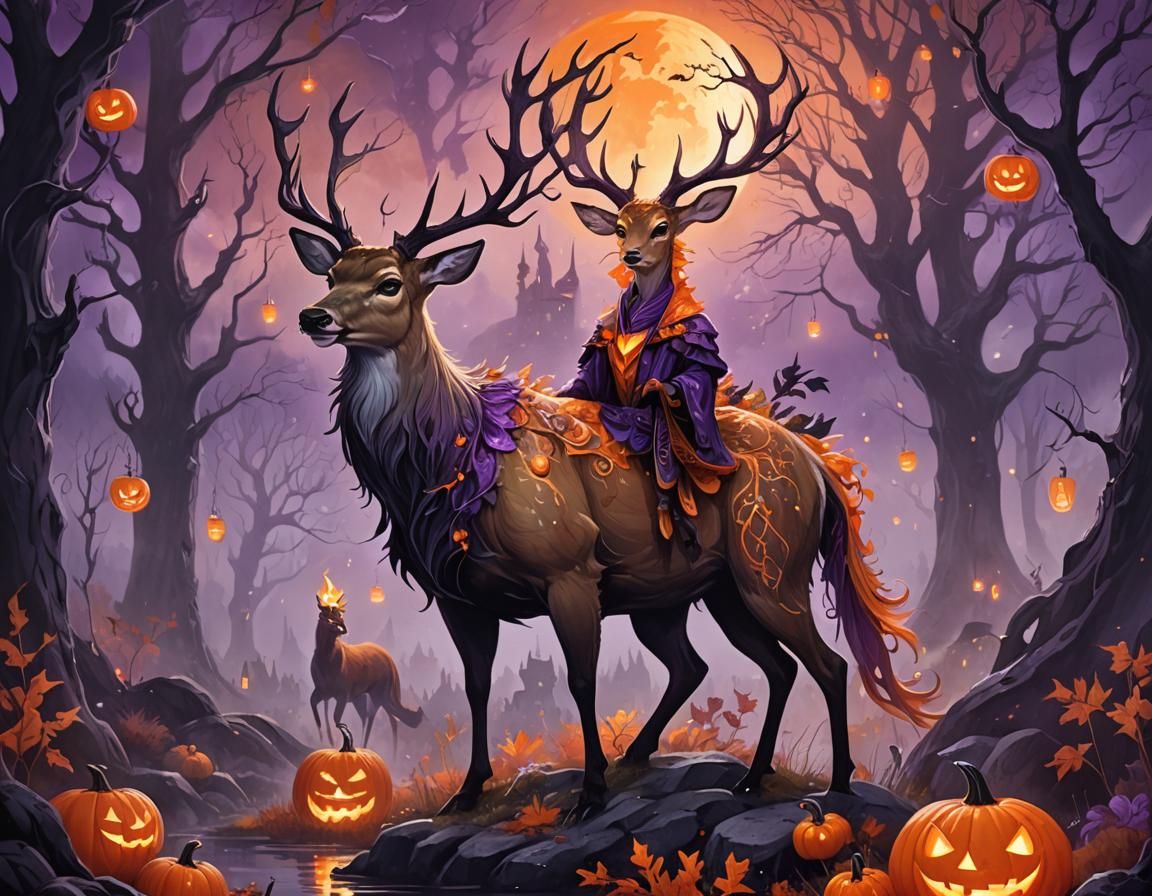 Halloween Witches: Deer and Dragon Fantasy Illustration
