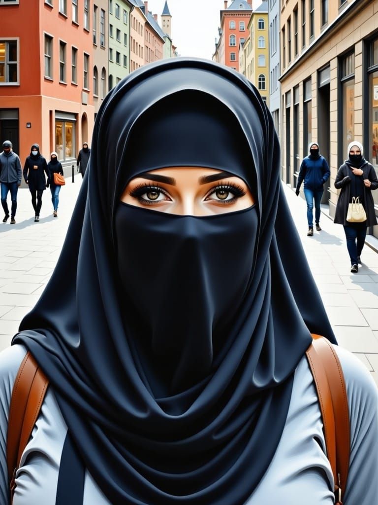 Niqabi Woman Walking Through Cozy City as Oil Painting