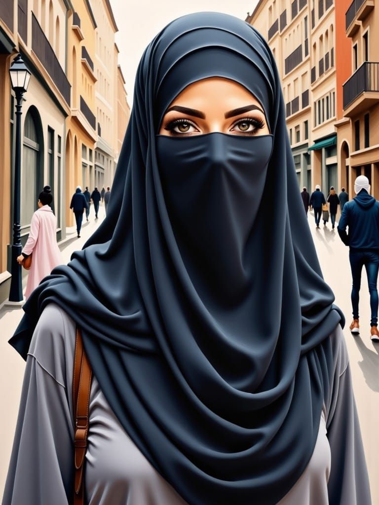 Niqabi Woman in Cityscape, Oil Painting Style