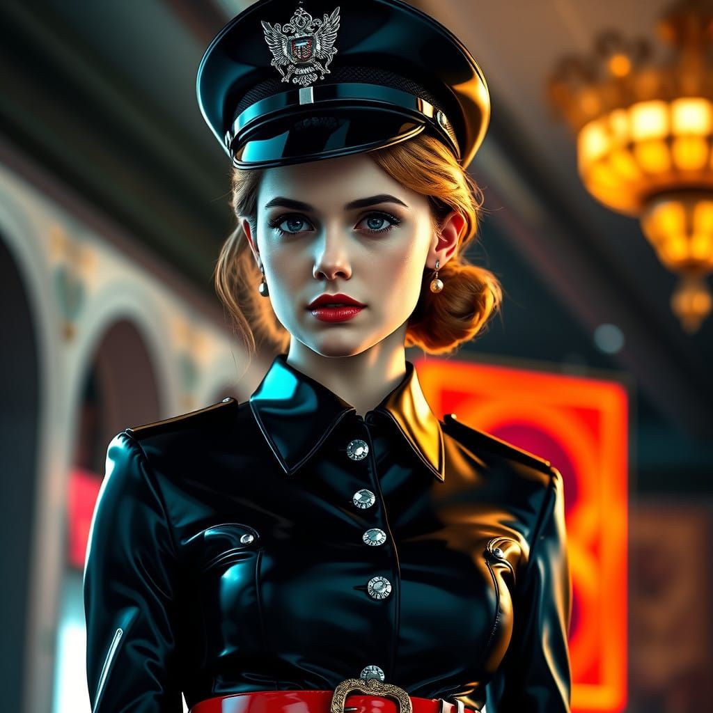 Glamorous Police Officer in High-Shine Latex Uniform