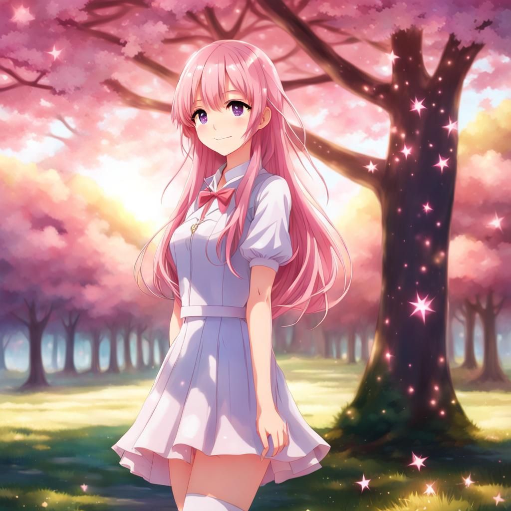 Blushing Anime Girl Gazing at Galaxy