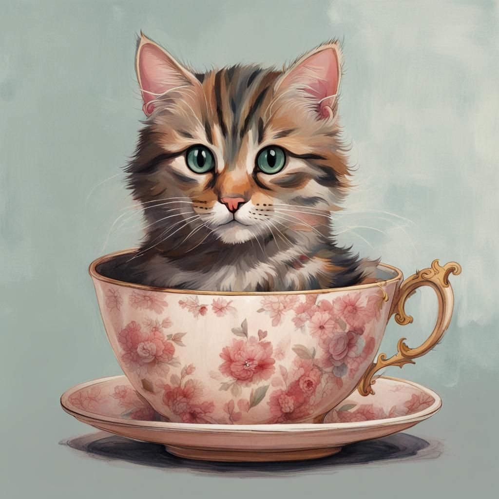 Cat Comfortably Sitting in a Tea Cup
